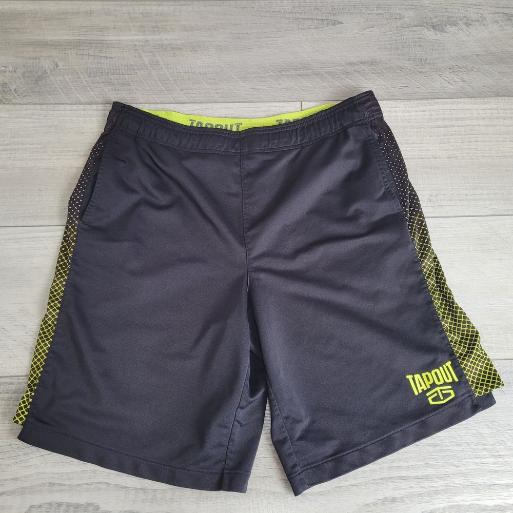 Tap Out Shorts Men's Large Black Lime MMA Athletic Fight Shorts Pockets 36x10‎